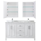 Daria 60 Inch Double Bathroom Vanity in Dark Blue, White Carrara Marble Countertop, Undermount Square Sinks, Medicine Cabinets