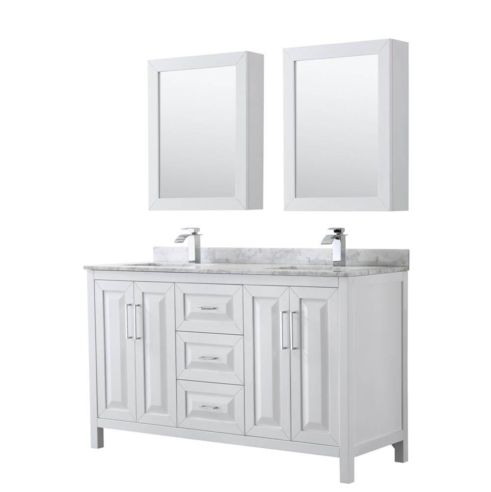 Wyndham Collection - Daria 60 Inch Double Bathroom Vanity in White, White Carrara Marble Countertop, Undermount Square Sinks, and Medicine Cabinets - White