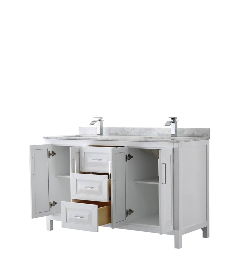 Daria 60 Inch Double Bathroom Vanity in Dark Blue, White Carrara Marble Countertop, Undermount Square Sinks, No Mirror