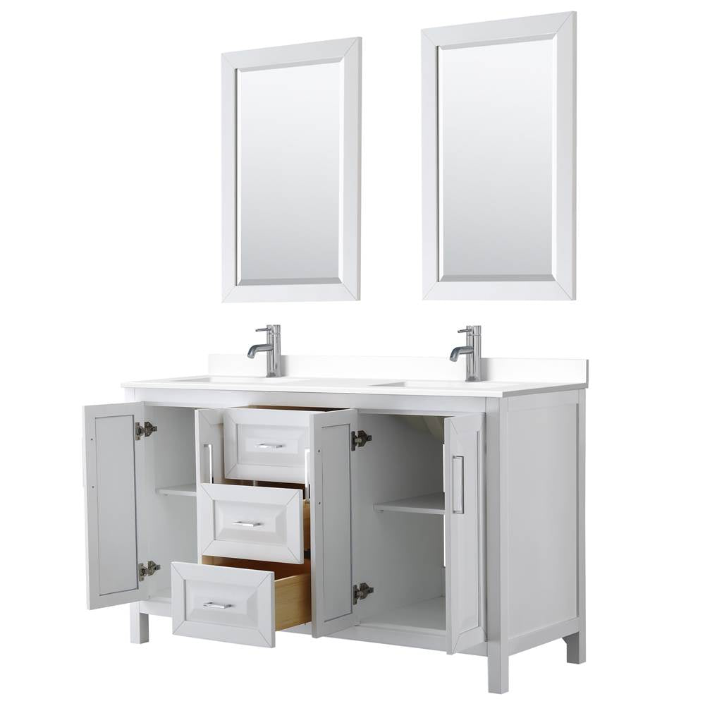 Daria 60 Inch Double Bathroom Vanity in White, White Cultured Marble Countertop, Undermount Square Sinks, 24 Inch Mirrors