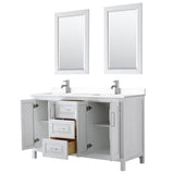 Daria 60 Inch Double Bathroom Vanity in White, White Cultured Marble Countertop, Undermount Square Sinks, 24 Inch Mirrors