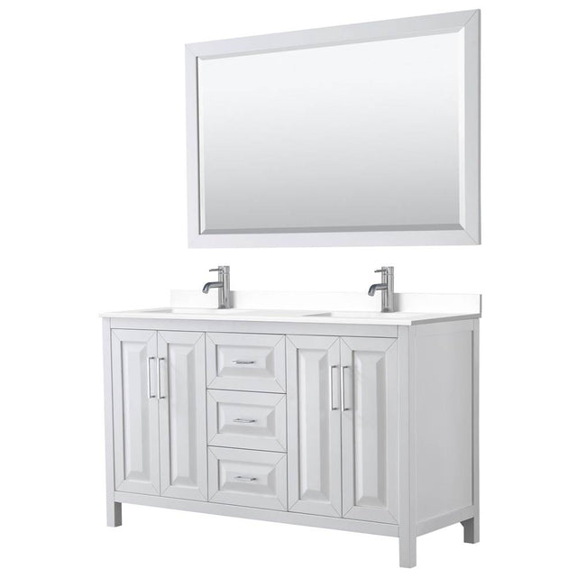Wyndham Collection - Daria 60 Inch Double Bathroom Vanity in White, White Cultured Marble Countertop, Undermount Square Sinks, 58 Inch Mirror