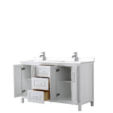 Daria 60 Inch Double Bathroom Vanity in White, White Cultured Marble Countertop, Undermount Square Sinks, No Mirror