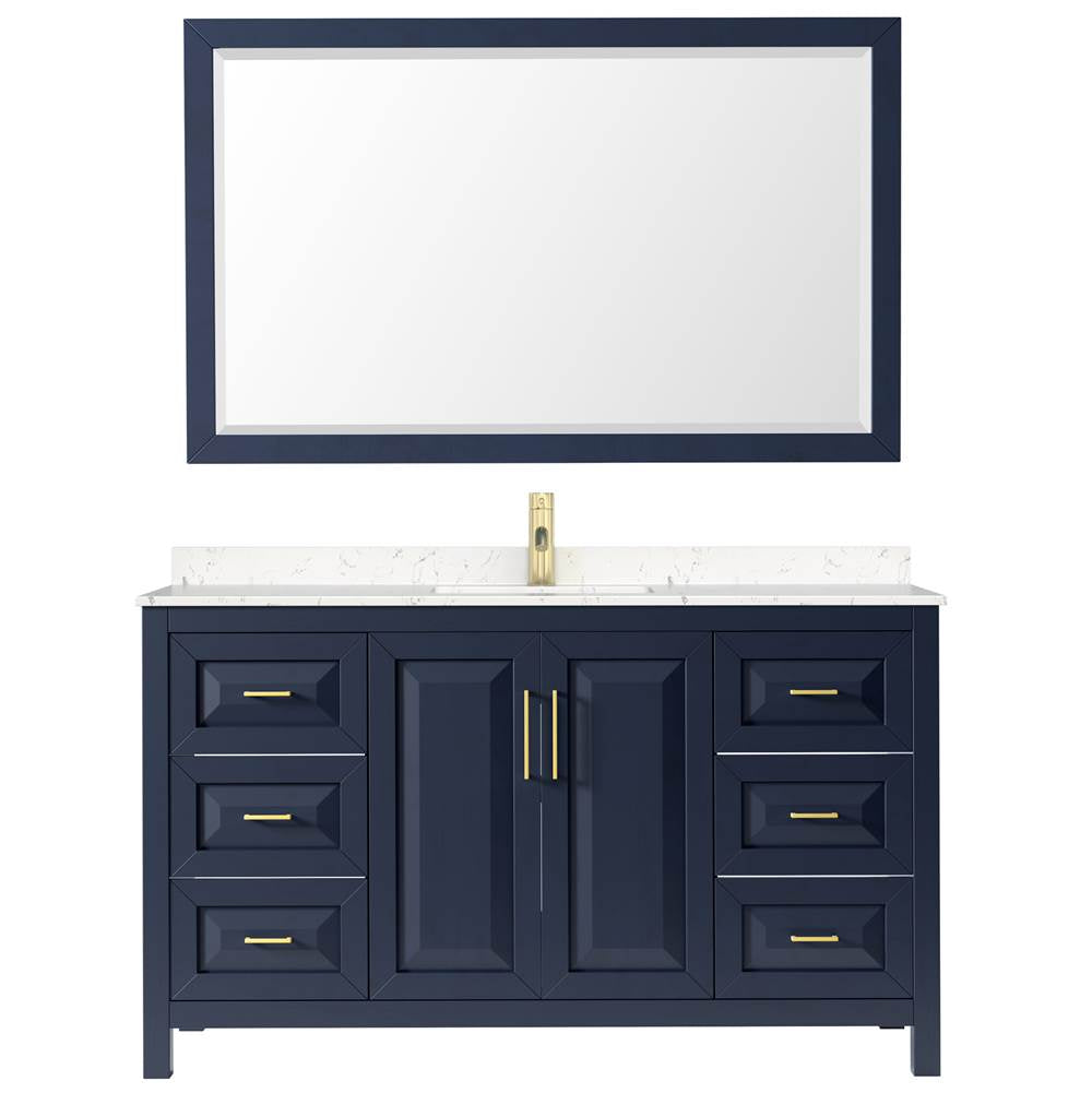 Daria 60 Inch Single Bathroom Vanity in Dark Blue, Carrara Cultured Marble Countertop, Undermount Square Sink, 58 Inch Mirror