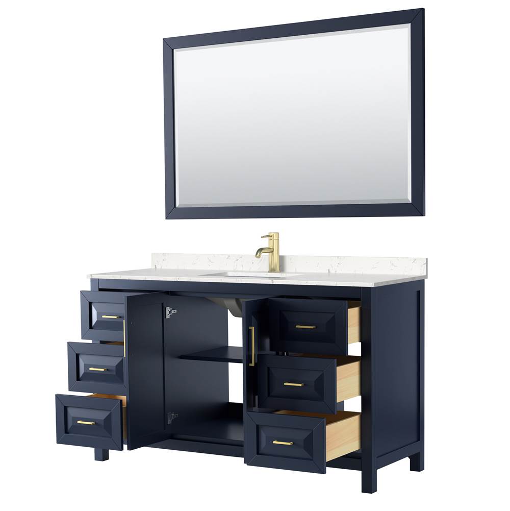 Daria 60 Inch Single Bathroom Vanity in Dark Blue, Carrara Cultured Marble Countertop, Undermount Square Sink, 58 Inch Mirror