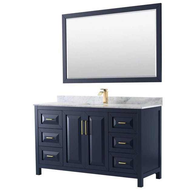 Wyndham Collection - Daria 60 Inch Single Bathroom Vanity in Dark Blue, White Carrara Marble Countertop, Undermount Square Sink, 58 Inch Mirror - Dark Blue