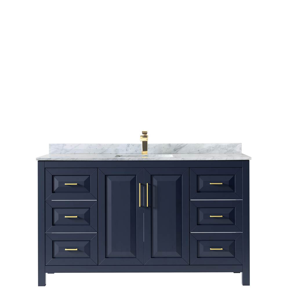 Daria 60 Inch Single Bathroom Vanity in Dark Blue, White Carrara Marble Countertop, Undermount Square Sink, No Mirror