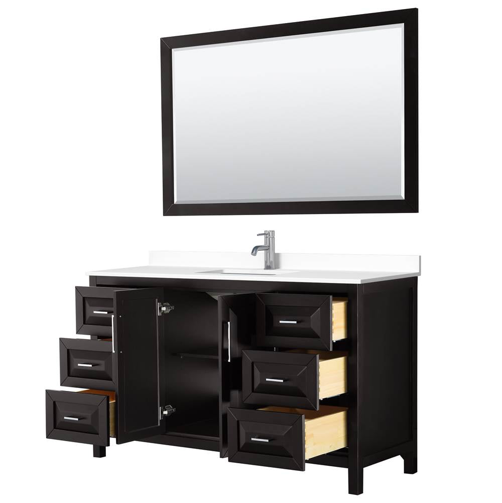 Daria 60 Inch Single Bathroom Vanity in Dark Espresso, White Cultured Marble Countertop, Undermount Square Sink, 58 Inch Mirror