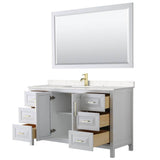 Daria 60 Inch Single Bathroom Vanity in White, Carrara Cultured Marble Countertop, Undermount Square Sink, 58 Inch Mirror, Brushed Gold Trim