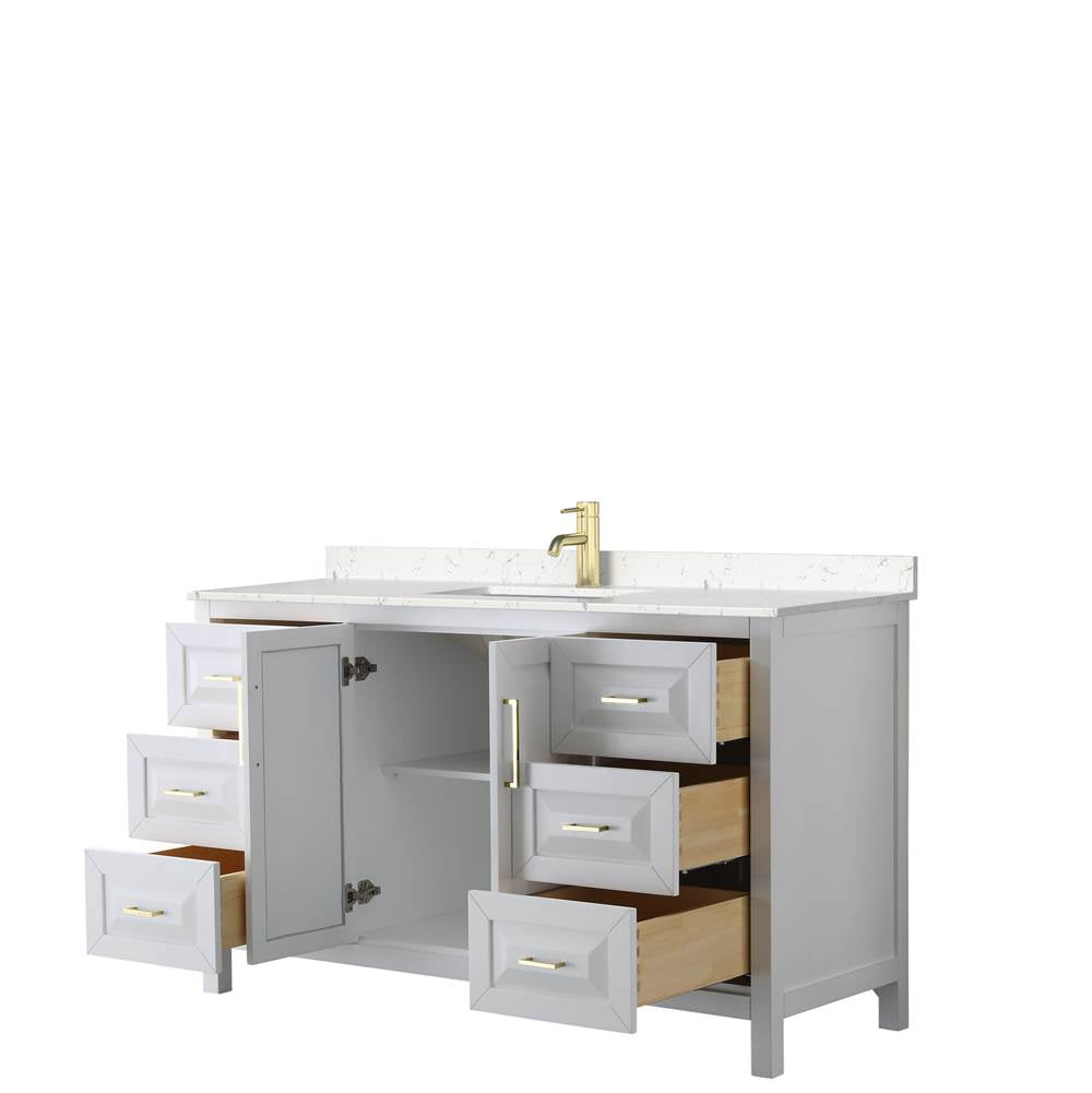 Daria 60 Inch Single Bathroom Vanity in White, Carrara Cultured Marble Countertop, Undermount Square Sink, Brushed Gold Trim
