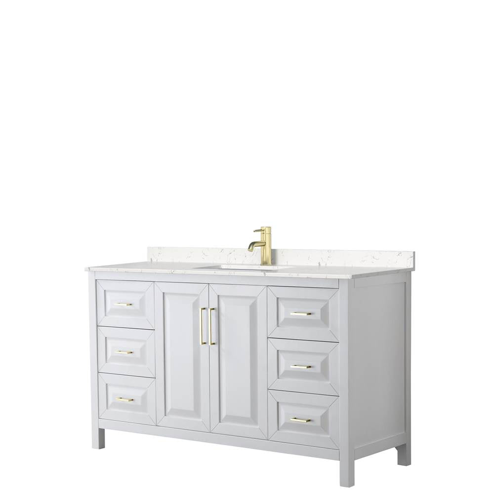Wyndham Collection - Daria 60 Inch Single Bathroom Vanity in White, Carrara Cultured Marble Countertop, Undermount Square Sink, Brushed Gold Trim
