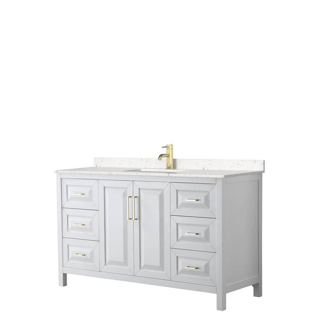 Wyndham Collection - Daria 60 Inch Single Bathroom Vanity in White, Carrara Cultured Marble Countertop, Undermount Square Sink, Brushed Gold Trim