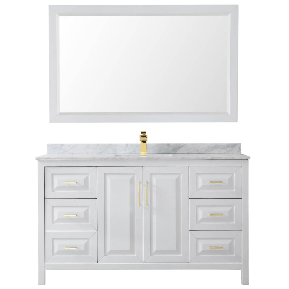 Daria 60 Inch Single Bathroom Vanity in White, White Carrara Marble Countertop, Undermount Square Sink, 58 Inch Mirror, Brushed Gold Trim
