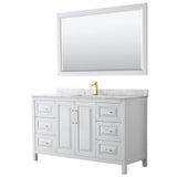 Wyndham Collection - Daria 60 Inch Single Bathroom Vanity in White, White Carrara Marble Countertop, Undermount Square Sink, 58 Inch Mirror, Brushed Gold Trim