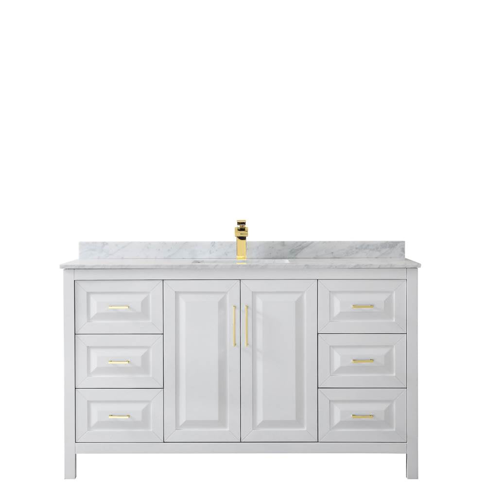 Daria 60 Inch Single Bathroom Vanity in White, White Carrara Marble Countertop, Undermount Square Sink, Brushed Gold Trim