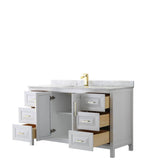 Daria 60 Inch Single Bathroom Vanity in White, White Carrara Marble Countertop, Undermount Square Sink, Brushed Gold Trim