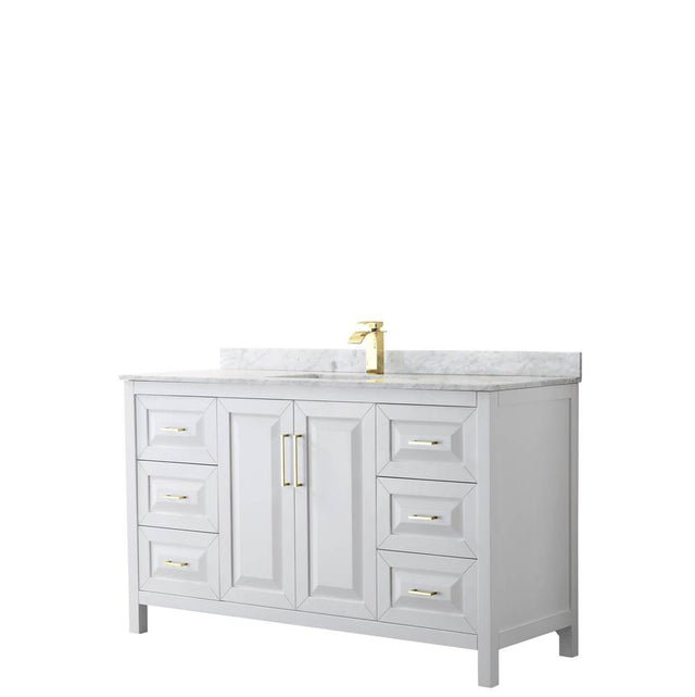 Wyndham Collection - Daria 60 Inch Single Bathroom Vanity in White, White Carrara Marble Countertop, Undermount Square Sink, Brushed Gold Trim