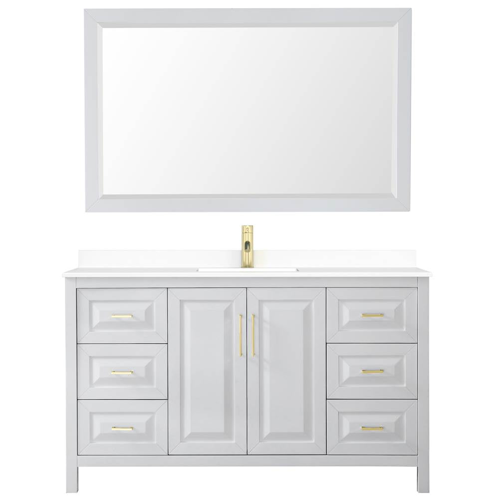 Daria 60 Inch Single Bathroom Vanity in White, White Cultured Marble Countertop, Undermount Square Sink, 58 Inch Mirror, Brushed Gold Trim
