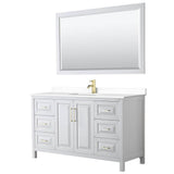 Wyndham Collection - Daria 60 Inch Single Bathroom Vanity in White, White Cultured Marble Countertop, Undermount Square Sink, 58 Inch Mirror, Brushed Gold Trim
