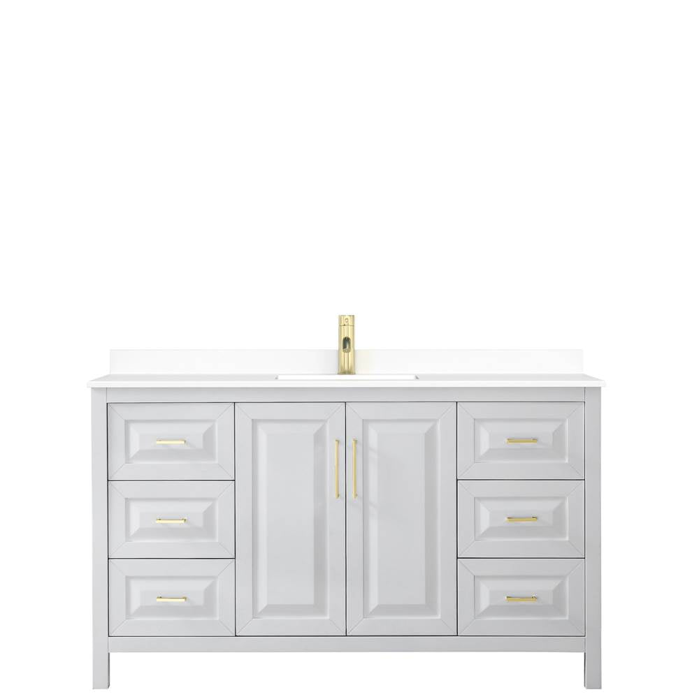 Daria 60 Inch Single Bathroom Vanity in White, White Cultured Marble Countertop, Undermount Square Sink, Brushed Gold Trim