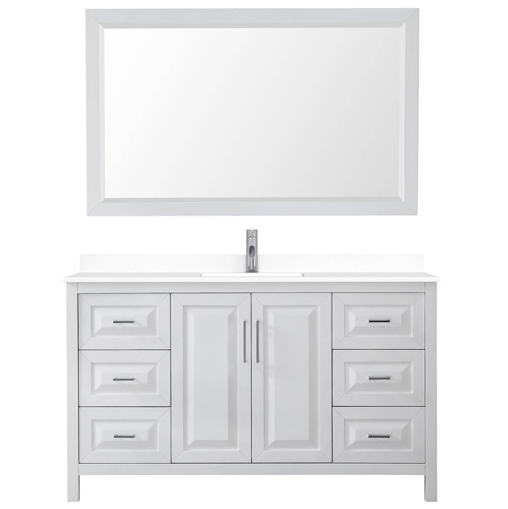 Daria 60 Inch Single Bathroom Vanity in White, White Cultured Marble Countertop, Undermount Square Sink, 58 Inch Mirror