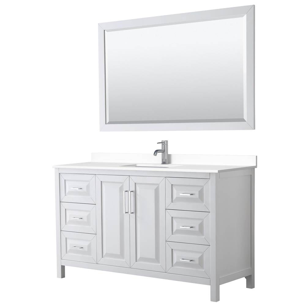 Wyndham Collection - Daria 60 Inch Single Bathroom Vanity in White, White Cultured Marble Countertop, Undermount Square Sink, 58 Inch Mirror