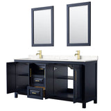 Daria 72 Inch Double Bathroom Vanity in Dark Blue, Carrara Cultured Marble Countertop, Undermount Square Sinks, 24 Inch Mirrors
