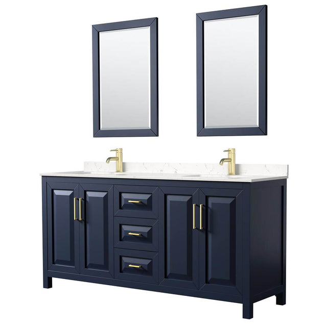 Wyndham Collection - Daria 72 Inch Double Bathroom Vanity in Dark Blue, Carrara Cultured Marble Countertop, Undermount Square Sinks, 24 Inch Mirrors