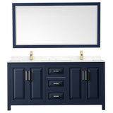 Daria 72 Inch Double Bathroom Vanity in Dark Blue, Carrara Cultured Marble Countertop, Undermount Square Sinks, 70 Inch Mirror