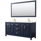 Wyndham Collection - Daria 72 Inch Double Bathroom Vanity in Dark Blue, Carrara Cultured Marble Countertop, Undermount Square Sinks, 70 Inch Mirror