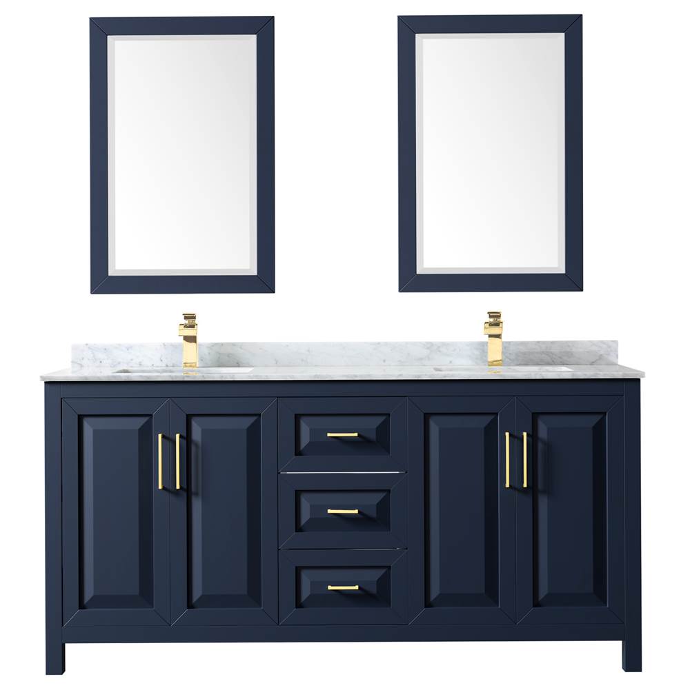 Daria 72 Inch Double Bathroom Vanity in Dark Blue, White Carrara Marble Countertop, Undermount Square Sinks, 24 Inch Mirrors