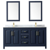 Daria 72 Inch Double Bathroom Vanity in Dark Blue, White Carrara Marble Countertop, Undermount Square Sinks, 24 Inch Mirrors