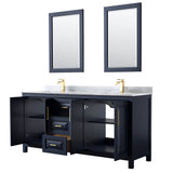 Daria 72 Inch Double Bathroom Vanity in Dark Blue, White Carrara Marble Countertop, Undermount Square Sinks, 24 Inch Mirrors