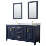Wyndham Collection - Daria 72 Inch Double Bathroom Vanity in Dark Blue, White Carrara Marble Countertop, Undermount Square Sinks, 24 Inch Mirrors - Dark Blue