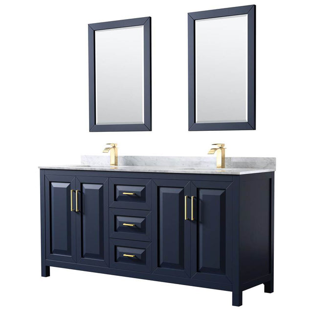 Wyndham Collection - Daria 72 Inch Double Bathroom Vanity in Dark Blue, White Carrara Marble Countertop, Undermount Square Sinks, 24 Inch Mirrors - Dark Blue