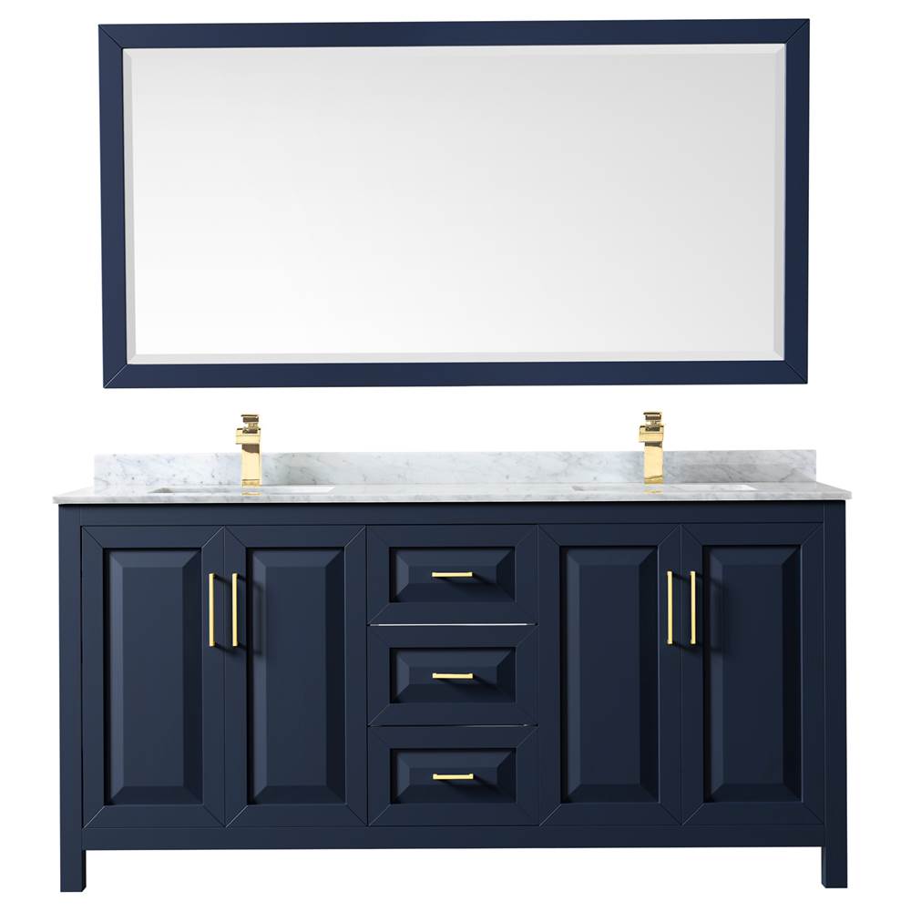 Daria 72 Inch Double Bathroom Vanity in Dark Blue, White Carrara Marble Countertop, Undermount Square Sinks, 70 Inch Mirror