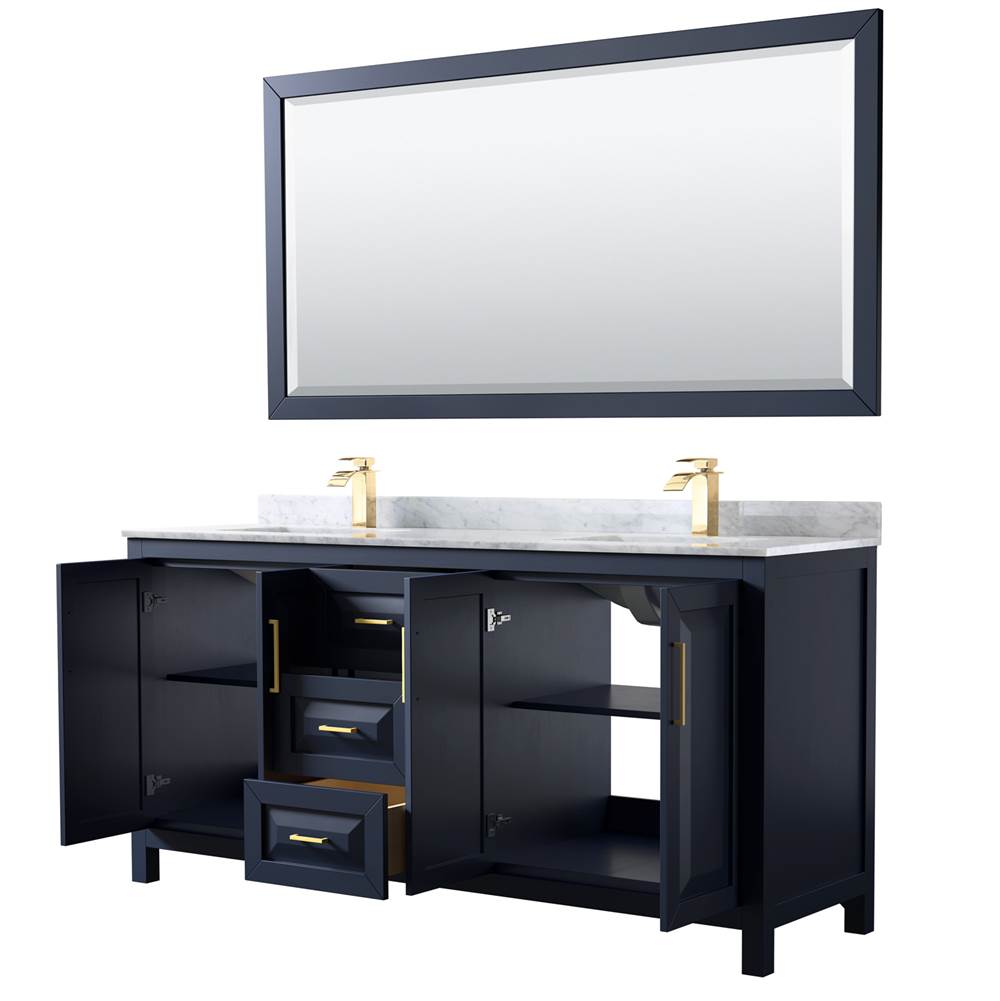 Daria 72 Inch Double Bathroom Vanity in Dark Blue, White Carrara Marble Countertop, Undermount Square Sinks, 70 Inch Mirror