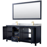 Daria 72 Inch Double Bathroom Vanity in Dark Blue, White Carrara Marble Countertop, Undermount Square Sinks, 70 Inch Mirror