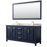 Wyndham Collection - Daria 72 Inch Double Bathroom Vanity in Dark Blue, White Carrara Marble Countertop, Undermount Square Sinks, 70 Inch Mirror - Dark Blue