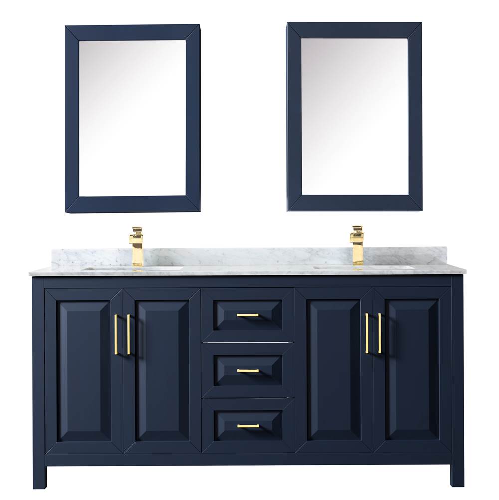 Daria 72 Inch Double Bathroom Vanity in Dark Blue, White Carrara Marble Countertop, Undermount Square Sinks, Medicine Cabinets