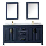 Daria 72 Inch Double Bathroom Vanity in Dark Blue, White Carrara Marble Countertop, Undermount Square Sinks, Medicine Cabinets