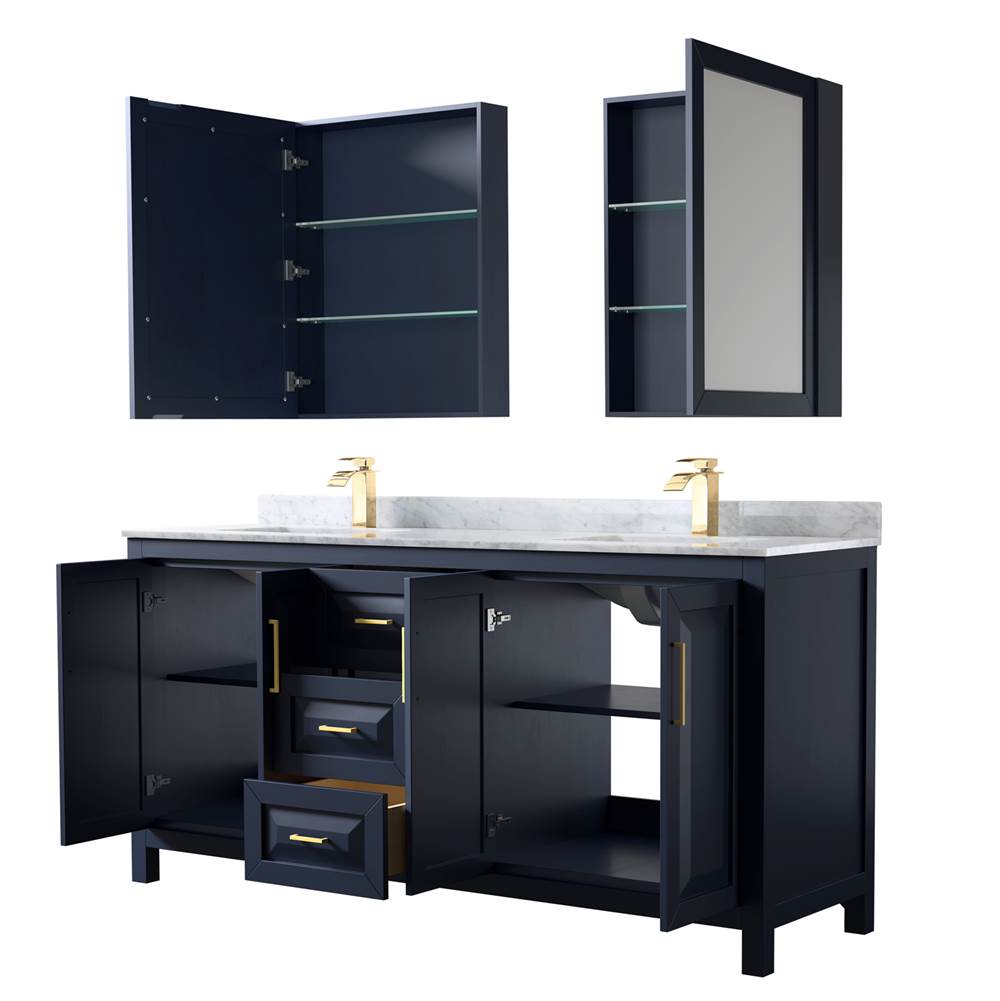 Daria 72 Inch Double Bathroom Vanity in Dark Blue, White Carrara Marble Countertop, Undermount Square Sinks, Medicine Cabinets