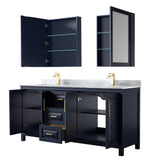Daria 72 Inch Double Bathroom Vanity in Dark Blue, White Carrara Marble Countertop, Undermount Square Sinks, Medicine Cabinets