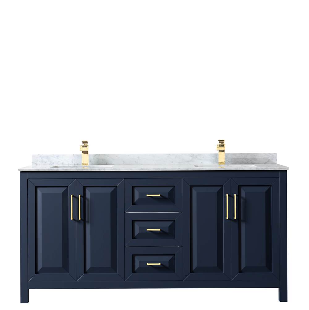 Daria 72 Inch Double Bathroom Vanity in Dark Blue, White Carrara Marble Countertop, Undermount Square Sinks, No Mirror