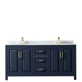 Daria 72 Inch Double Bathroom Vanity in Dark Blue, White Carrara Marble Countertop, Undermount Square Sinks, No Mirror