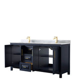 Daria 72 Inch Double Bathroom Vanity in Dark Blue, White Carrara Marble Countertop, Undermount Square Sinks, No Mirror