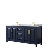 Wyndham Collection - Daria 72 Inch Double Bathroom Vanity in Dark Blue, White Carrara Marble Countertop, Undermount Square Sinks, No Mirror - Dark Blue