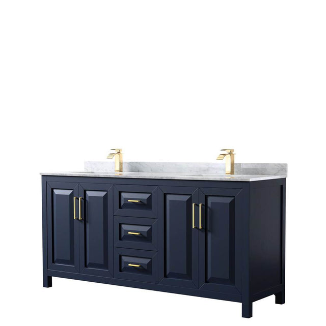 Wyndham Collection - Daria 72 Inch Double Bathroom Vanity in Dark Blue, White Carrara Marble Countertop, Undermount Square Sinks, No Mirror - Dark Blue
