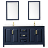 Daria 72 Inch Double Bathroom Vanity in Dark Blue, White Cultured Marble Countertop, Undermount Square Sinks, 24 Inch Mirrors
