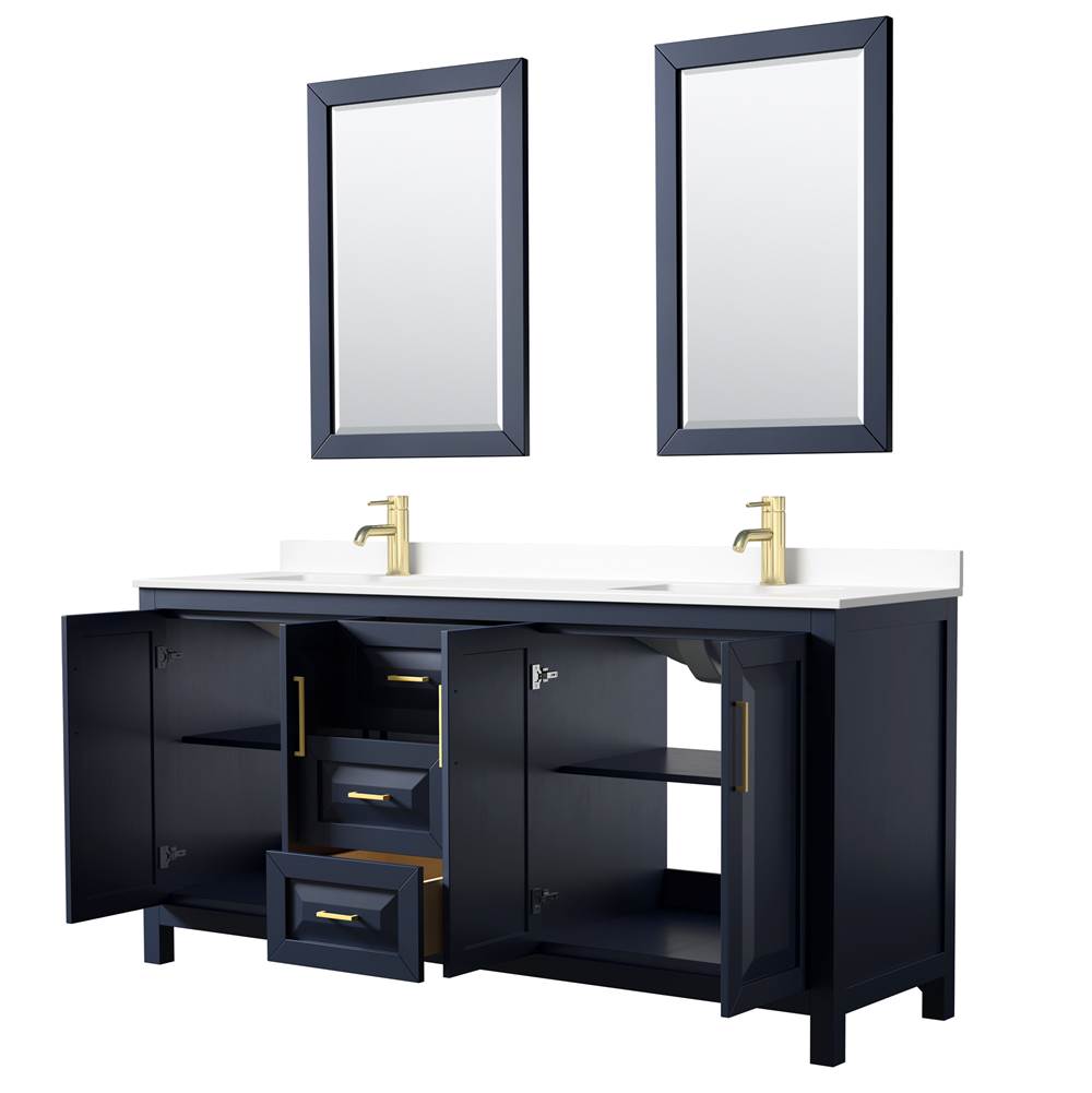Daria 72 Inch Double Bathroom Vanity in Dark Blue, White Cultured Marble Countertop, Undermount Square Sinks, 24 Inch Mirrors